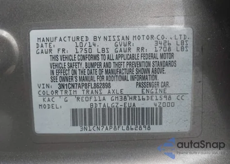 2015 Nissan Versa 1.6 Sl from USA, damaged, VIN 3N1CN7AP8FL862898